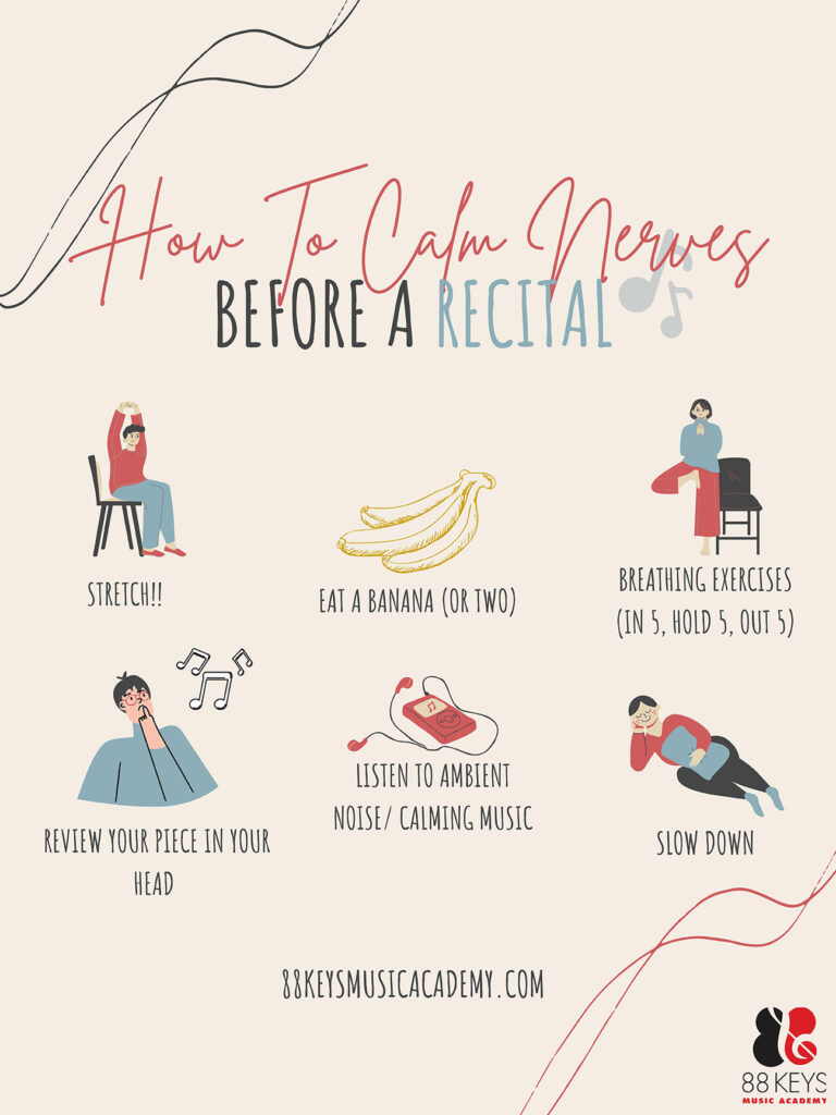 Graphic for 6 tips on How to Calm Nerves before a recital by 88 keys music academy